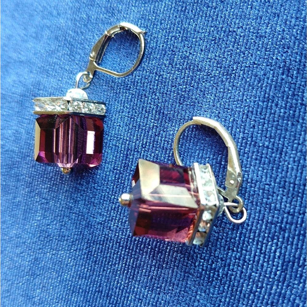 Purple Cube Rhinestone Hinged Hook Dangle Earrings fashion costume jewelry